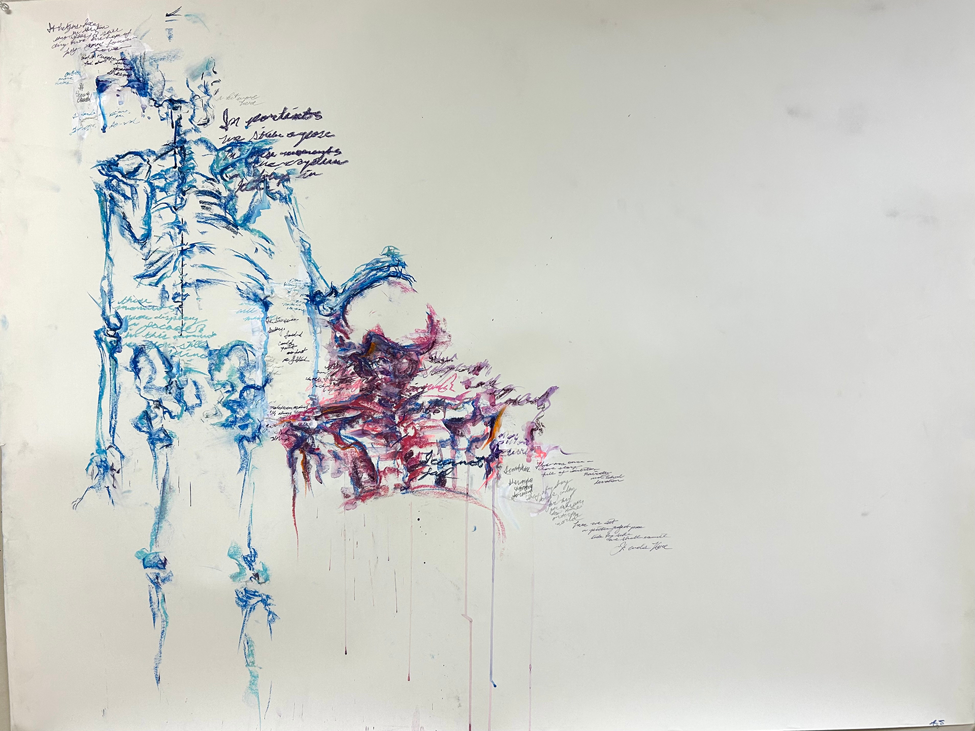 Two partially drawn skeleton figures in blue and red colors are positioned next to each other on the left side of the image amongst cursive script.