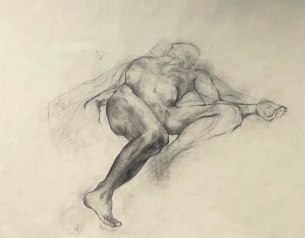 A slumped nude figure laying down, drawn in black graphite over a white background.
