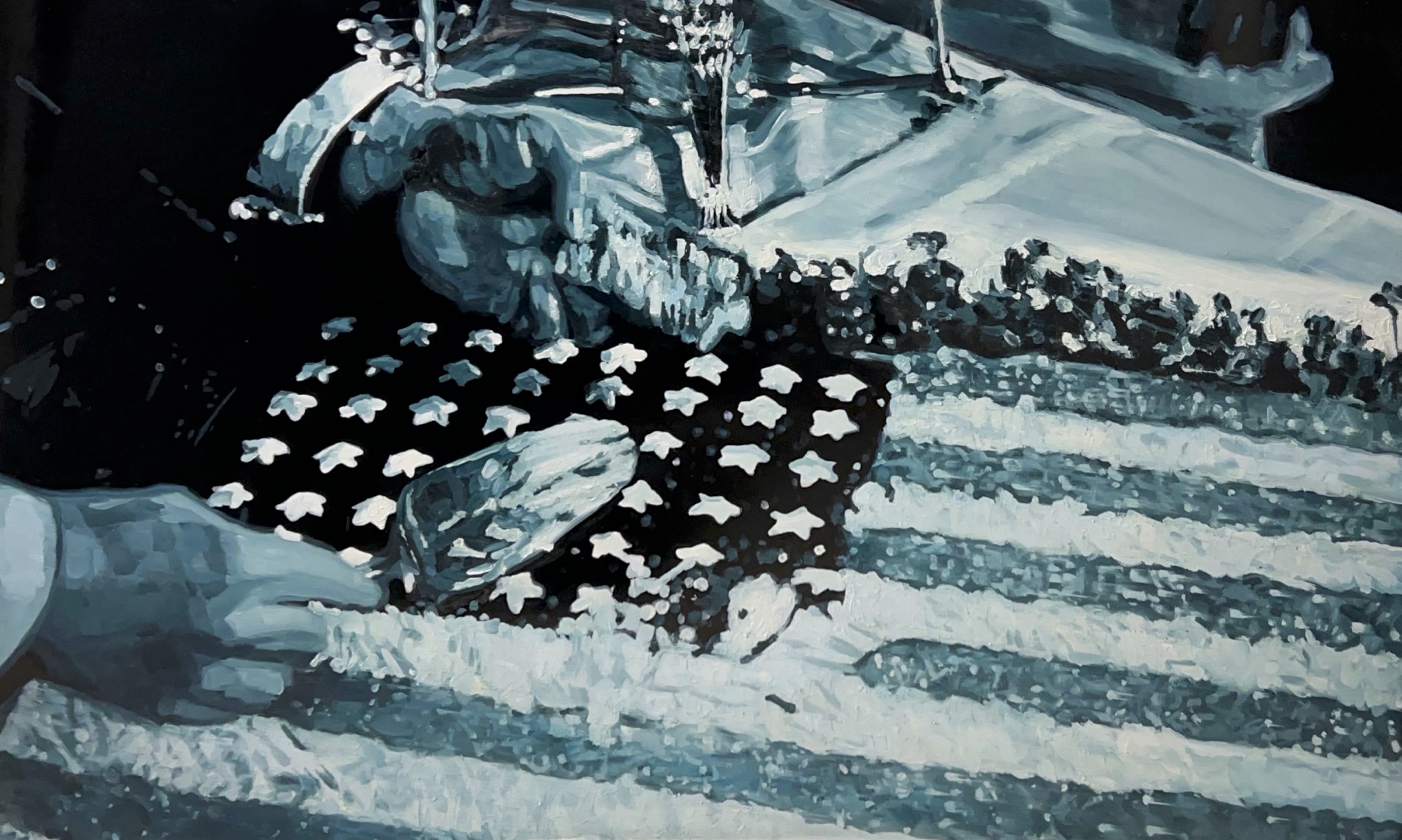 Blue and black hued painting of two hands cutting into an American flag cake