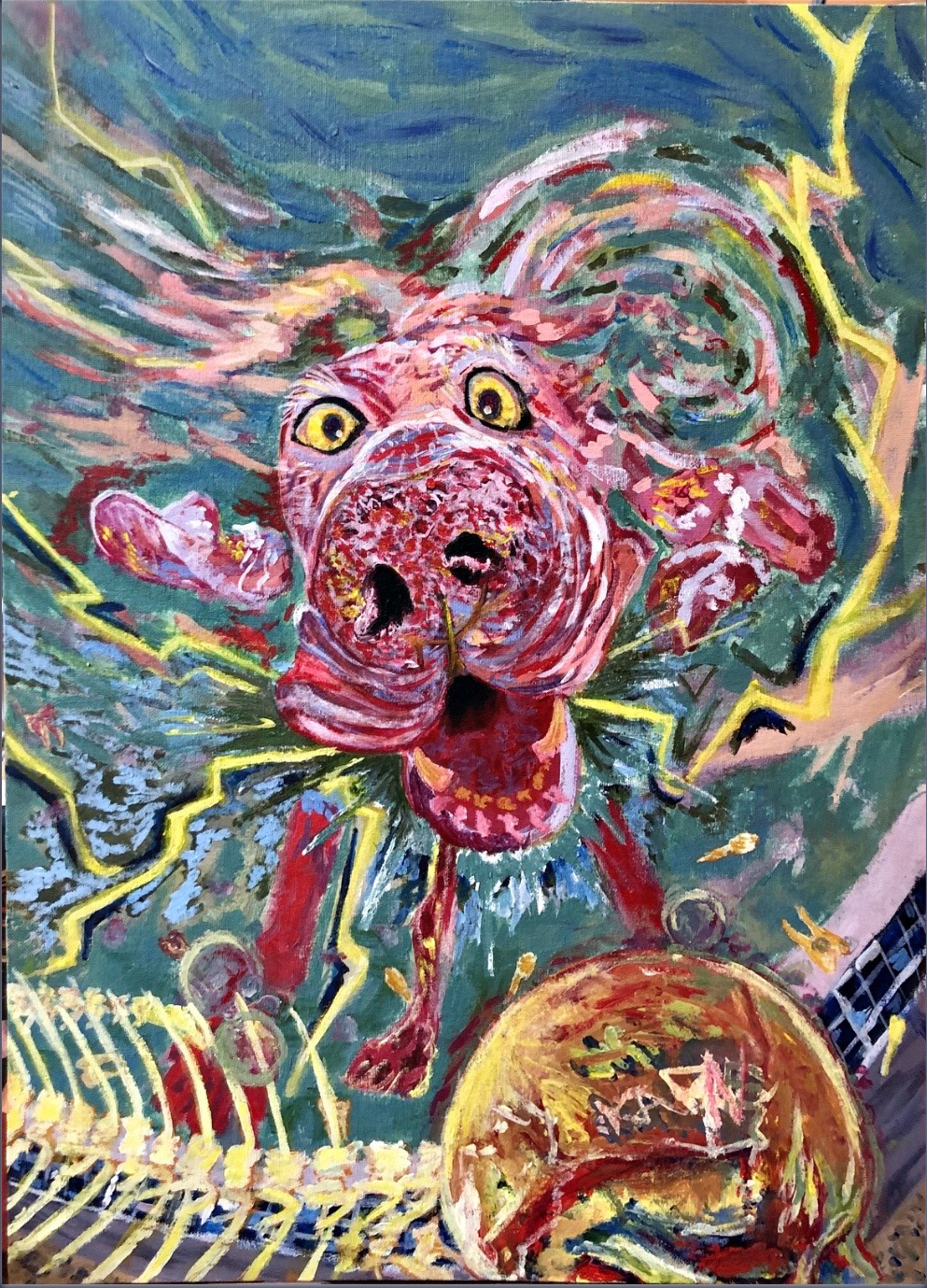Pink dog face peering underwater with yellow and red lightning strikes extending outwards and a long skeleton among the bottom.