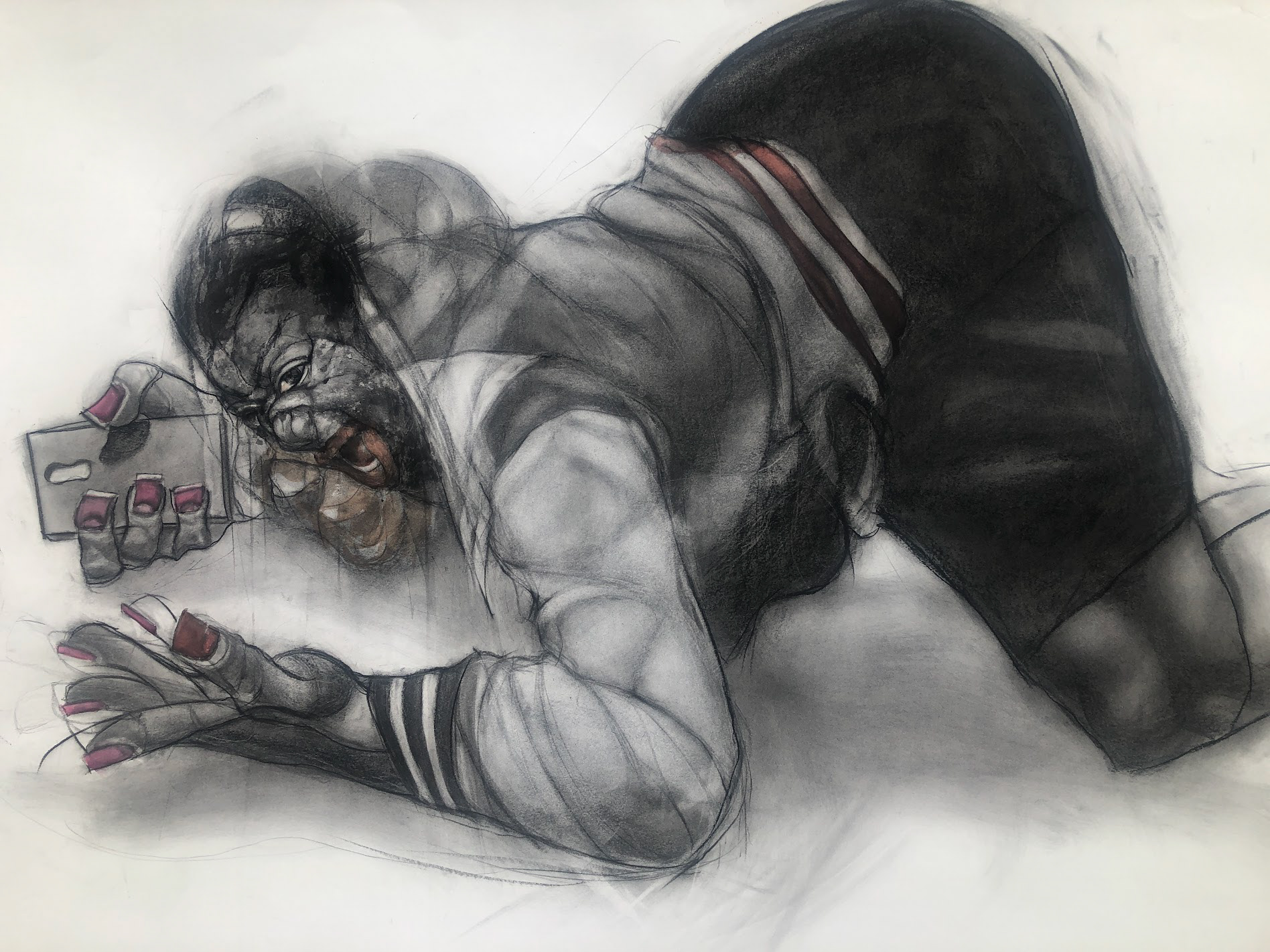 An exaggerated drawing of a woman, kneeling on the ground with her arms out and screaming as if she is pleading or cowering. The image is drawn in black and white with small details of pink and red.