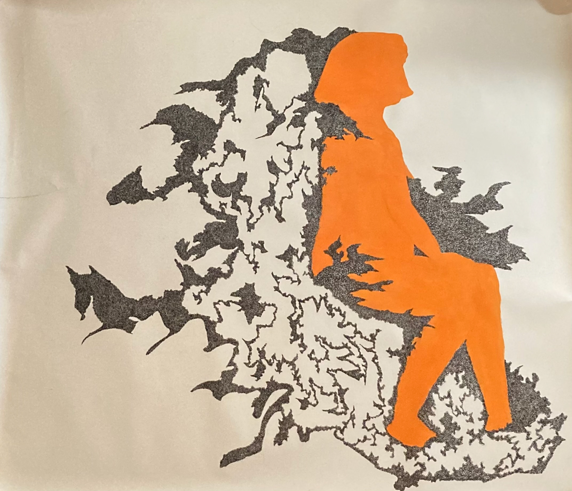 Orange, seated human silhouette surrounded by black squiggles on a white background.