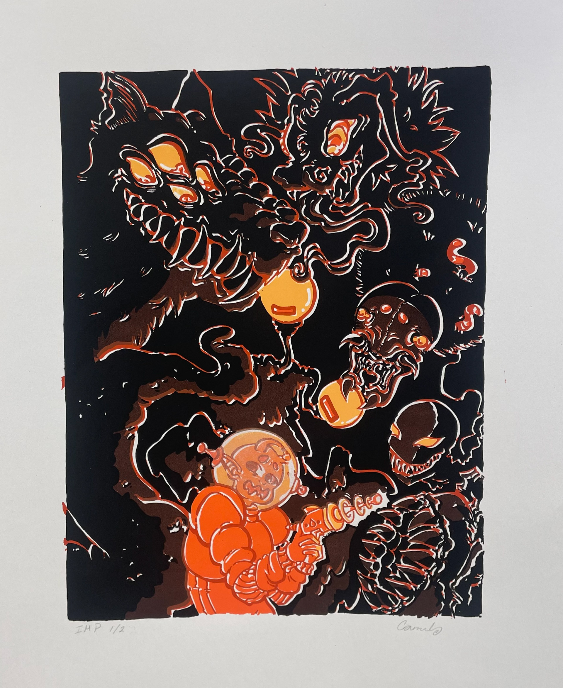 Orange alien astronaut holding a blaster with various squiggly monstrous forms surround them in orange and yellow colors over a black background.