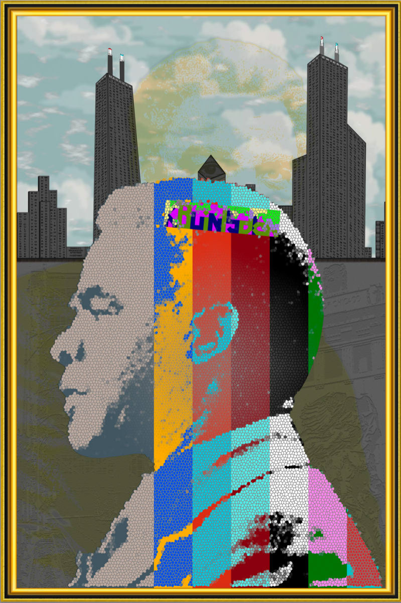 Digital illustration of Harold Washington's profile made from colorful stripes with the Chicago skyline in the background.