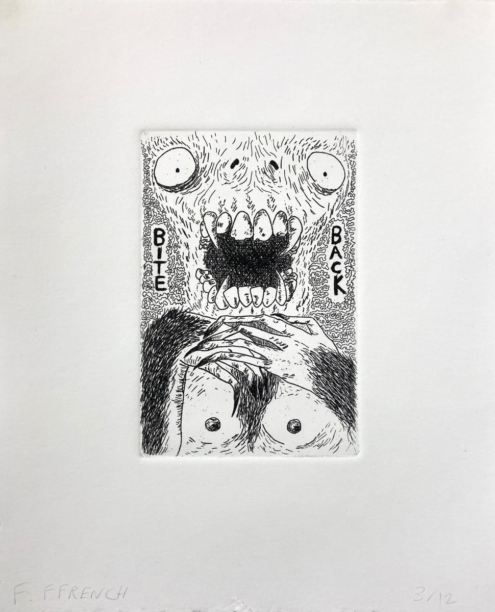 Black and white print of an unknown creature with its mouth open and the words "bite back" written on either side of it.
