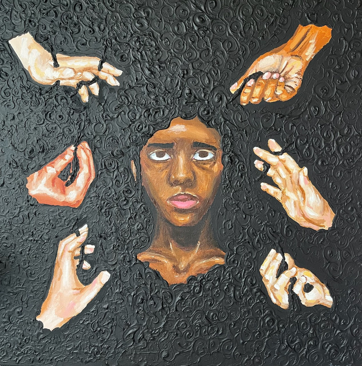 Portrait of a black woman whose curly black hair fills the entire background. Six different hands reach through the hair to touch it.