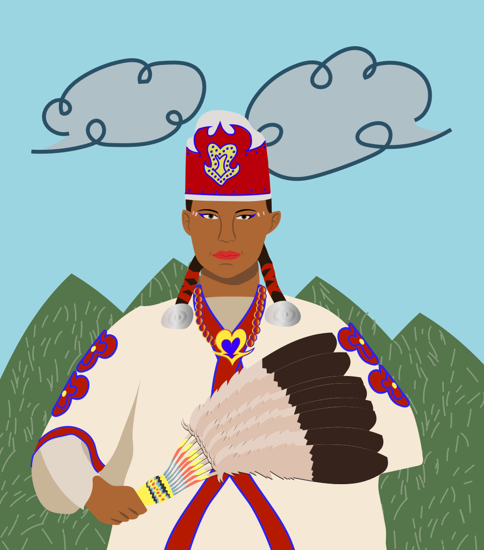 Indigenous person wearing traditional regalia positioned in front of green mountains and a blue sky with two clouds.