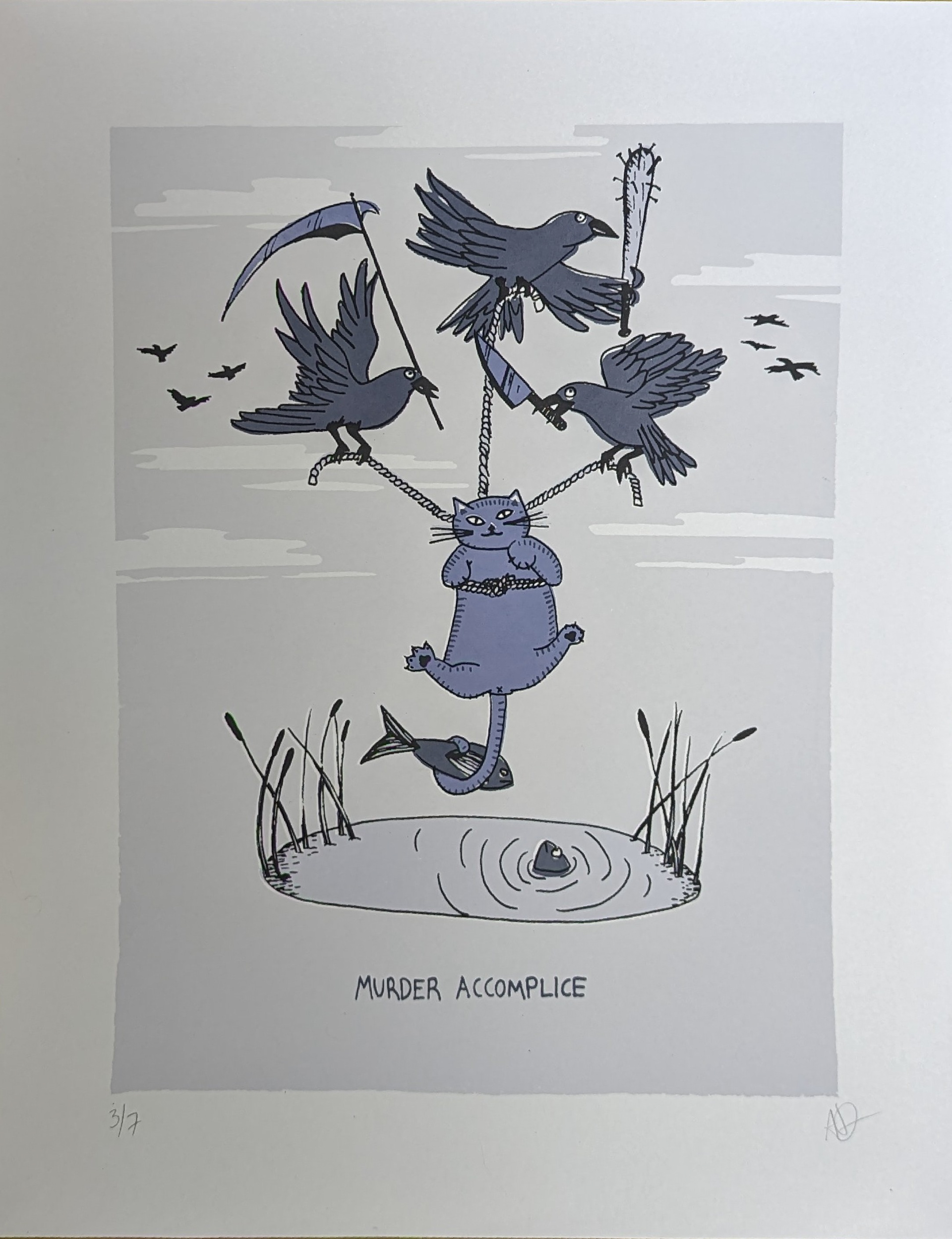 Three crows holding weapons in the beaks and wings haul a cat over a pond with a rope. The cat has a fish wrapped in its tail and another fish looks on from the pond below. The image is colored in various subtle blue tones.