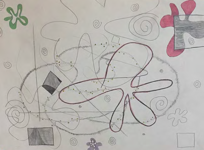 Organic and geometric shapes and swirling lines in gray, green, pink, and purple colors, drawn onto a white background.