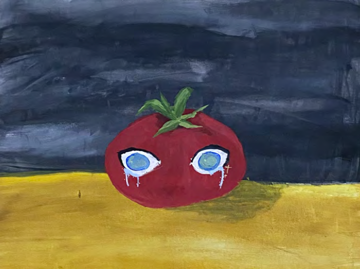 A tomato with crying eyes sitting on a yellow floor with a dark blue background.