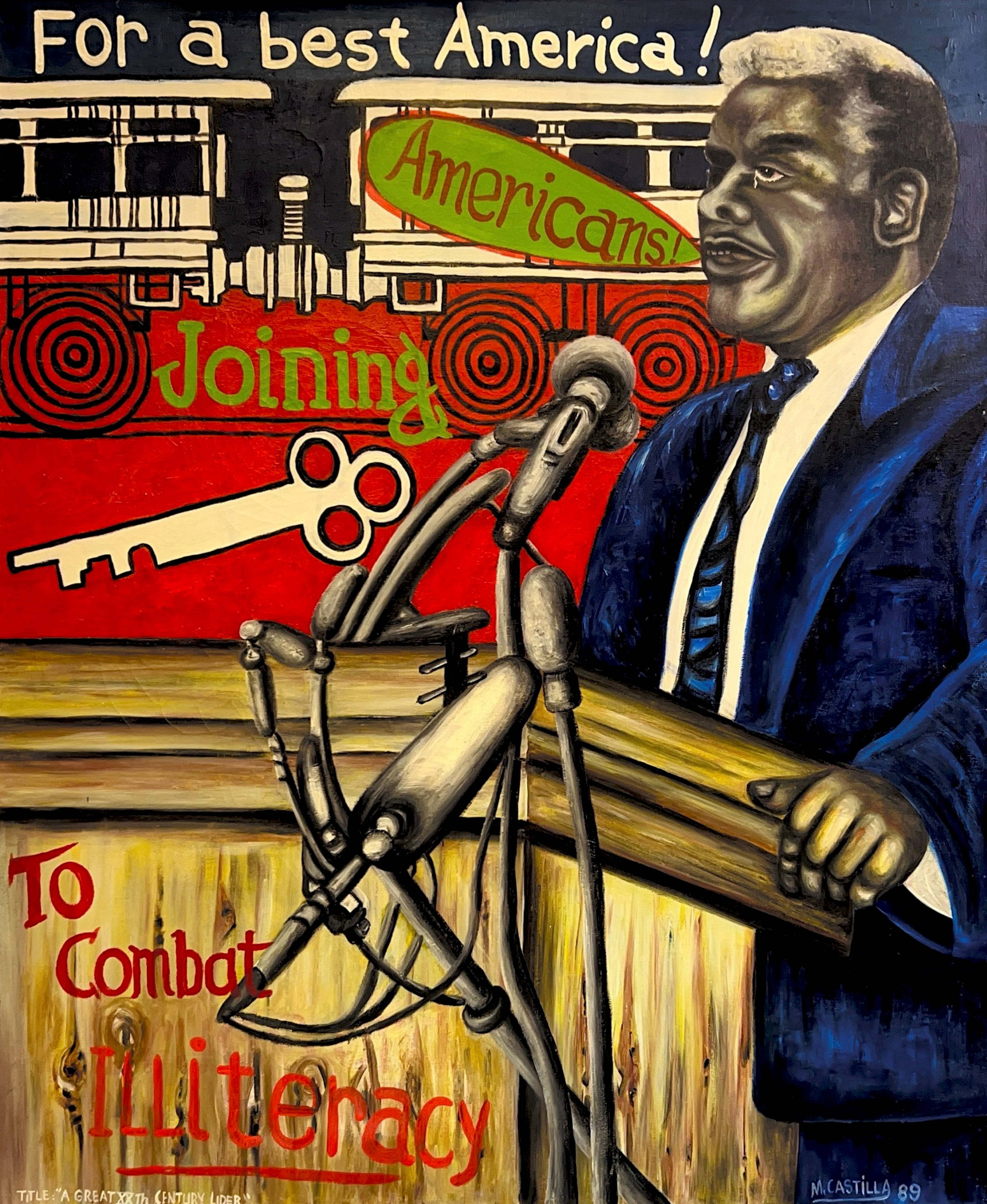 Colorful painting of Harold Washington standing at a podium with a microphone and an L train in the background with the words "For a best America! Americans joining to combat illiteracy"