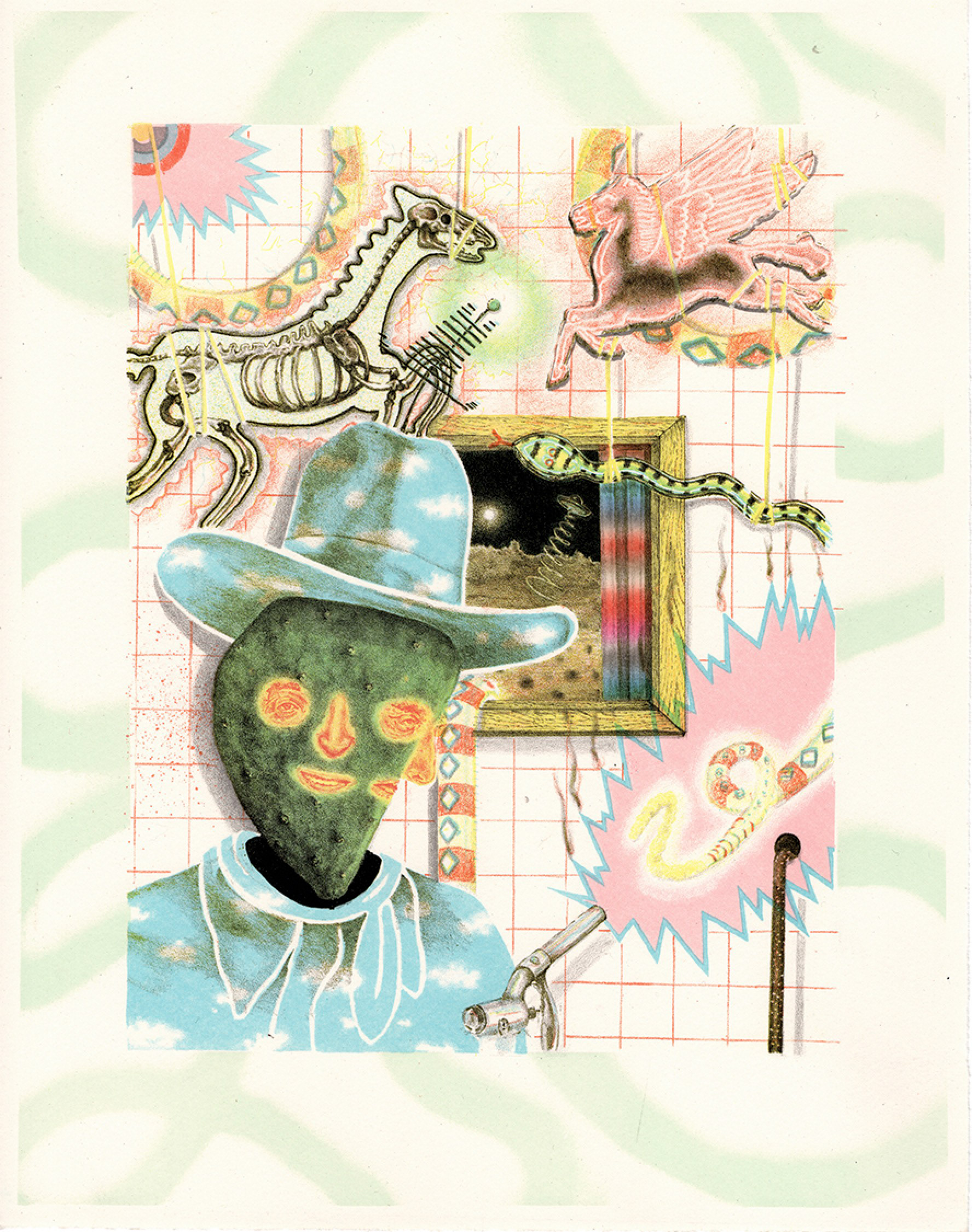 Cowboy with a cactus face holding a gun and surrounded by snakes, a horse skeleton and a pegasus. The background is white with checkered red lines and surrounded by a border of green swirls over white.