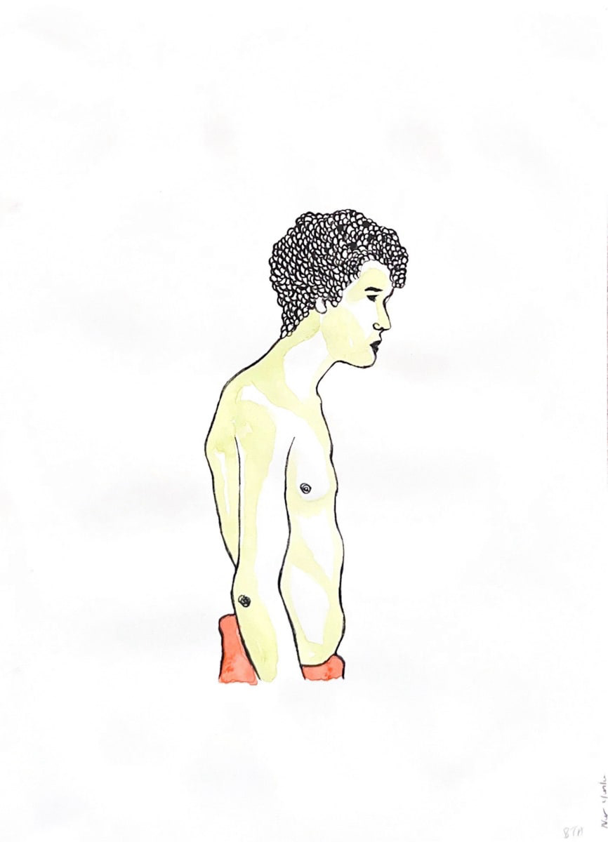 Side-view, Torso-up portrait of a man wearing red pants. His skin is colored with yellow shadows and his hair is curly. The man is centered over a white background.