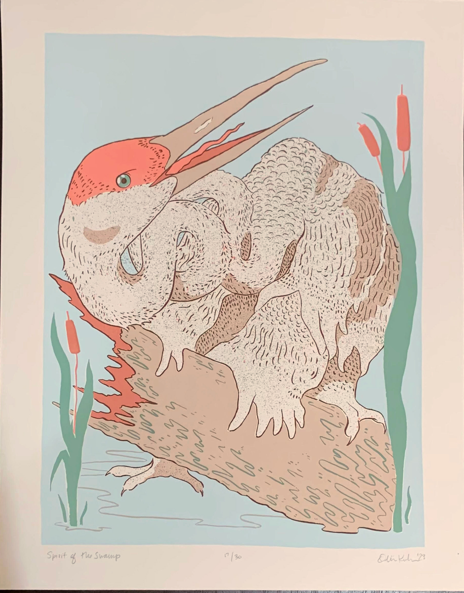 A bird creature clings to a log in a swamp, surrounded by cattails. The creature is orange, beige, and brown, the cattails are green and orange, and the water and background are blue.