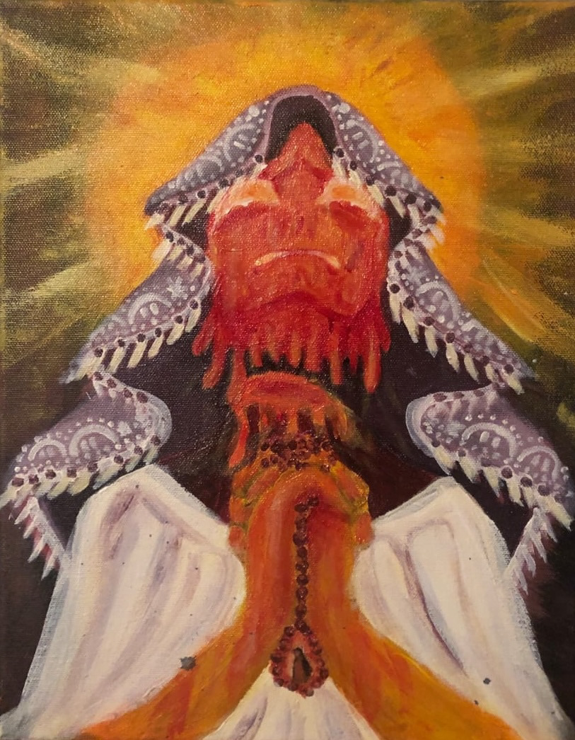 Abstract painting of a woman in a white robe and purple veil looking upwards with her hands clasped and praying, haloed by a yellow light.
