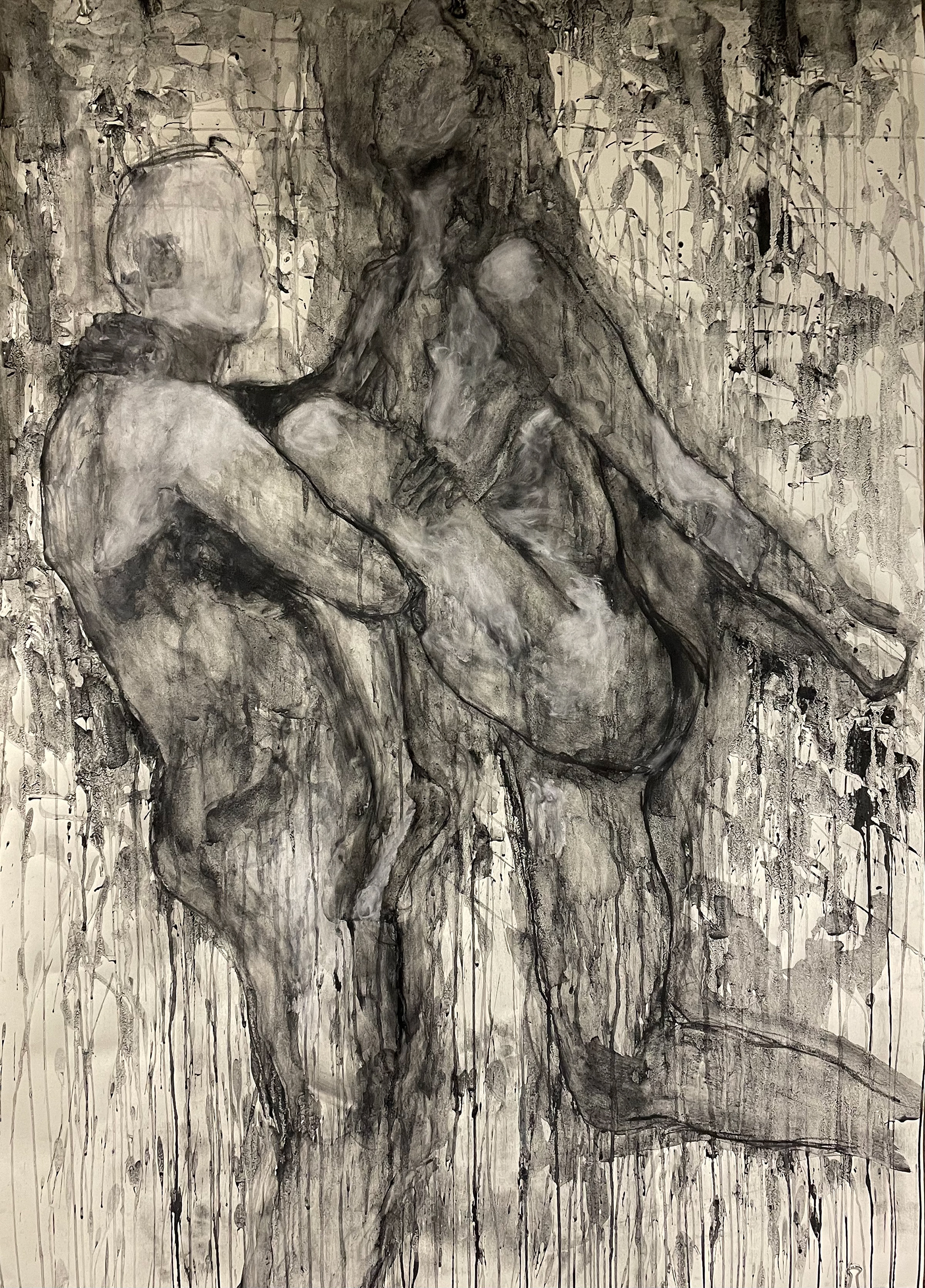 Two black and white abstracted figures. One is lifting the other up by their leg.