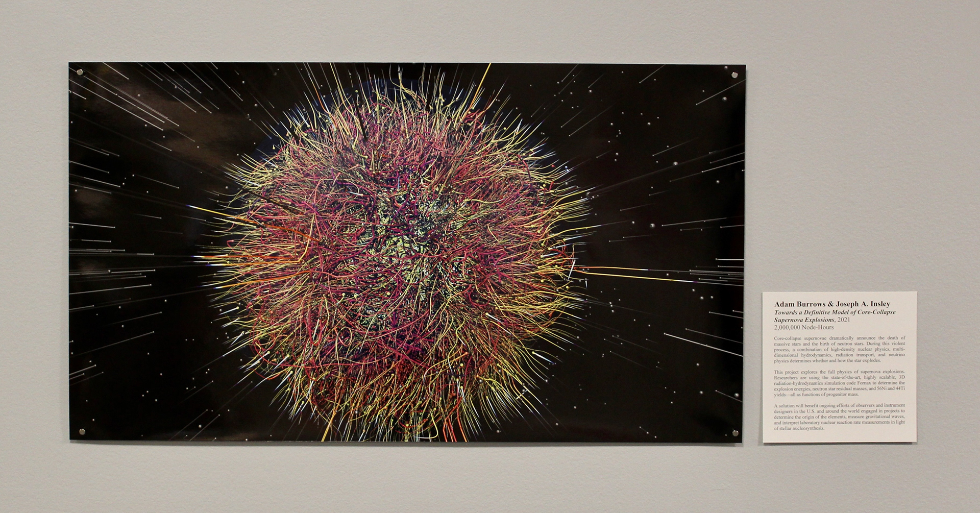 Data visualization of a Core-Collapse Supernova Explosion. Red, pink, peach, and yellow colored stringy orb centrally located on a black background with stars and streaks of light.