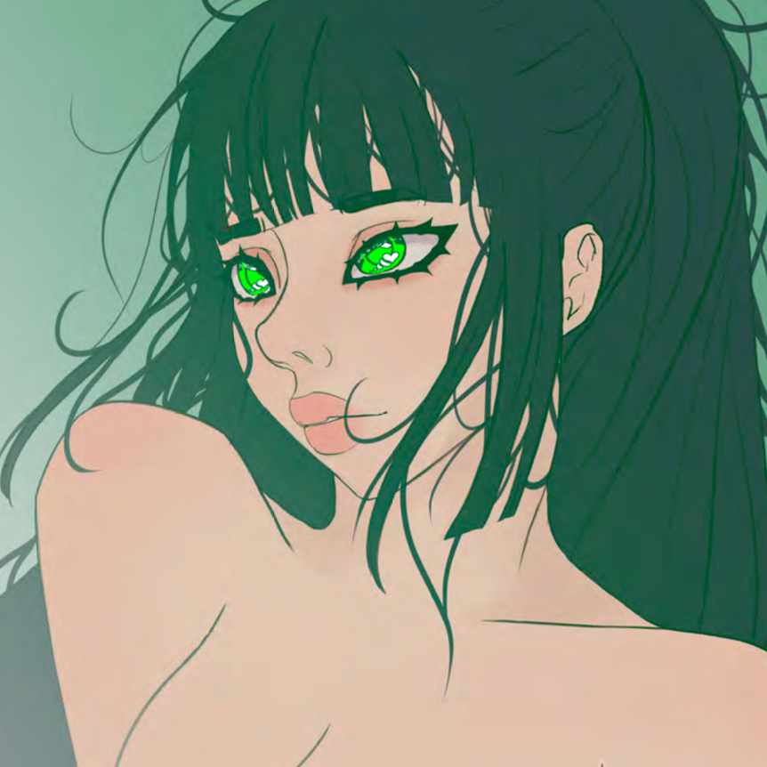 Digital portrait of woman with dark flowing hair, bright green eyes, and bare shoulders