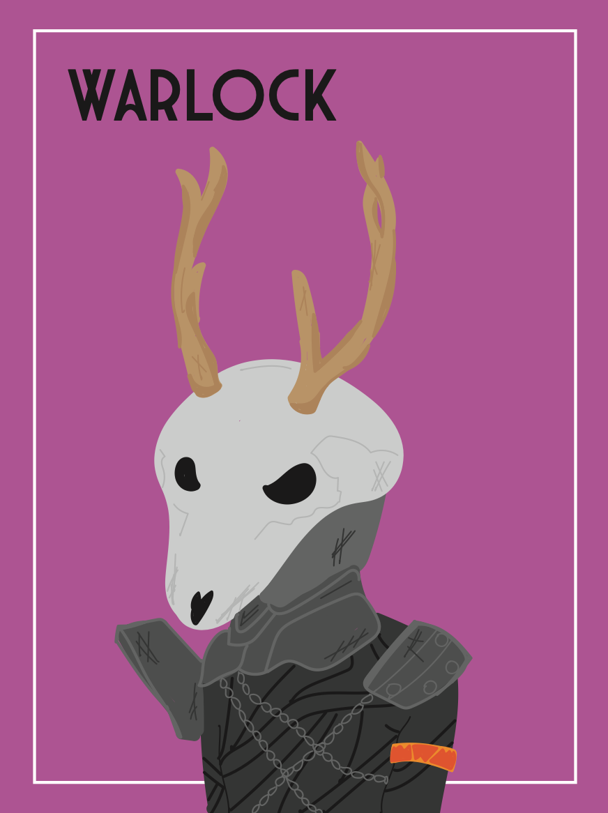Figure with animal skull head, antlers, and black chained clothes, positioned over a pink background with the word "Warlock" positioned in the top left corner.