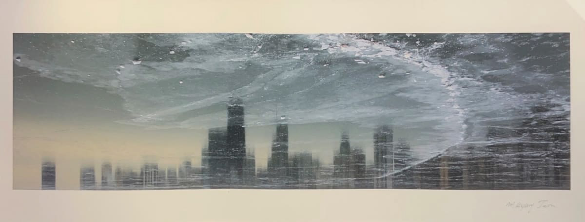 Photograph of the Chicago skyline overlaid with a photograph of ice
