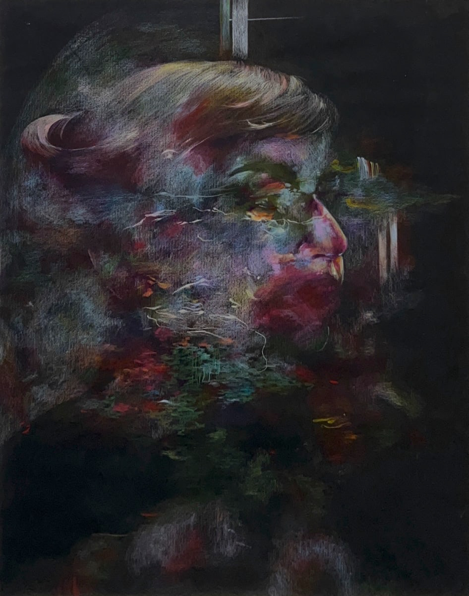 Colorful smeared image of a woman over a black background