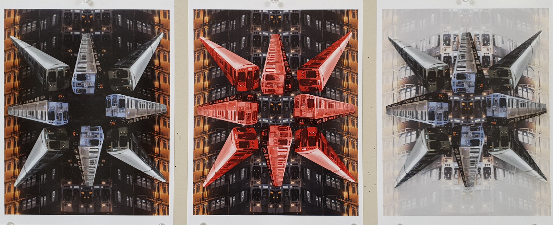 Triptych of the same image in three different colors: gray, red, and white. The image shows eight L trains suspended in the air creating a pinwheel shape.