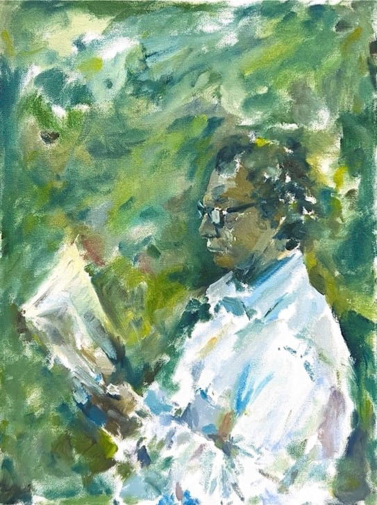 Seated man in a white shirt with glasses reading a book. The background is made of various shades of green smudges.