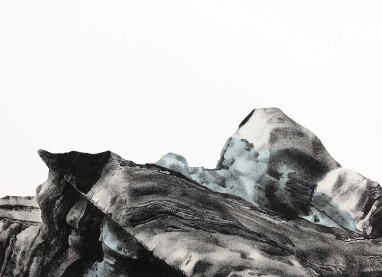 Mountainous glaciers in light blue, gray, and black colors over white background.