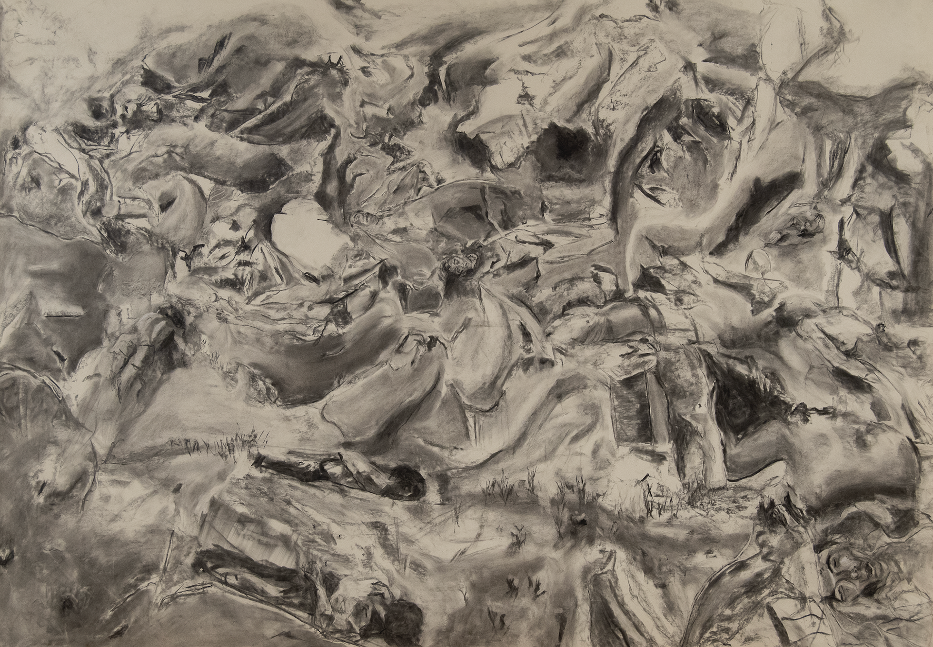 Black and white abstract scene with faces.
