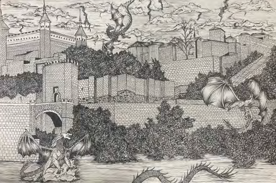 Castle scene with dragons, storm clouds, and shrubbery