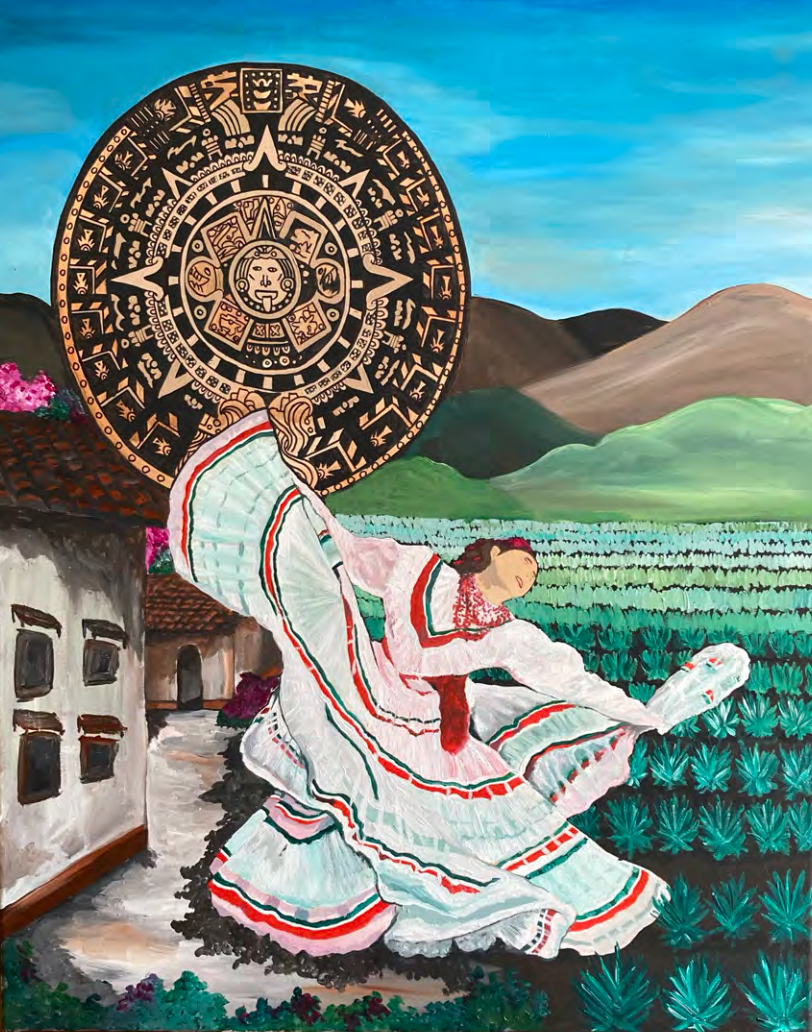 Mexican woman dancing in a field of crops with mountains in the background and a beige and brown building on the left-hand side of the image. An aztec calendar floats above the figure on the left side of the image.