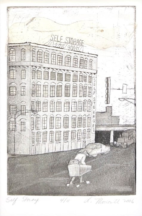 Black and white print of a self-storage building with a car parked out front and a person dragging a shopping cart along the sidewalk.