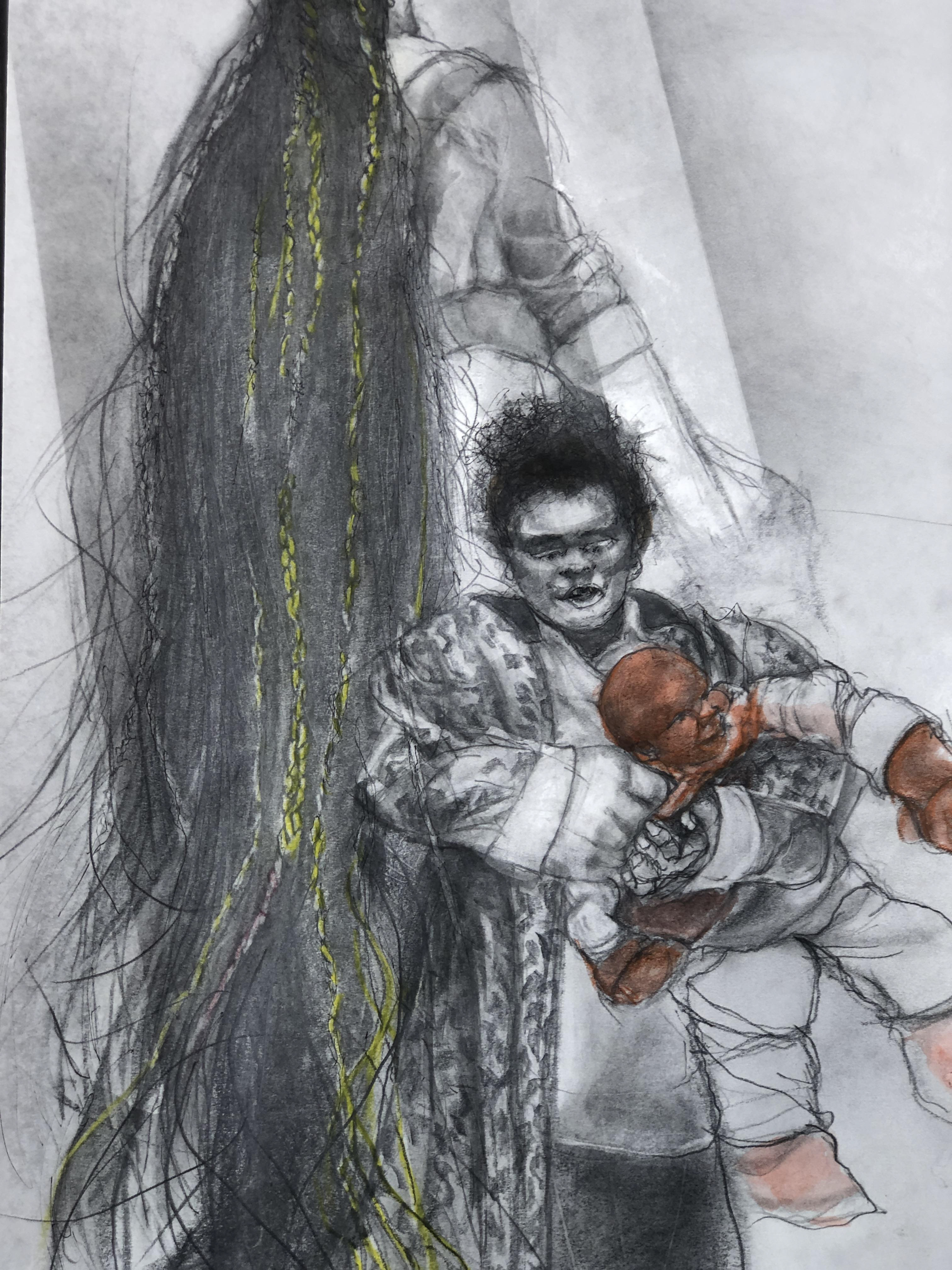 A drawing of a woman with long hair facing away with a child holding a doll facing front