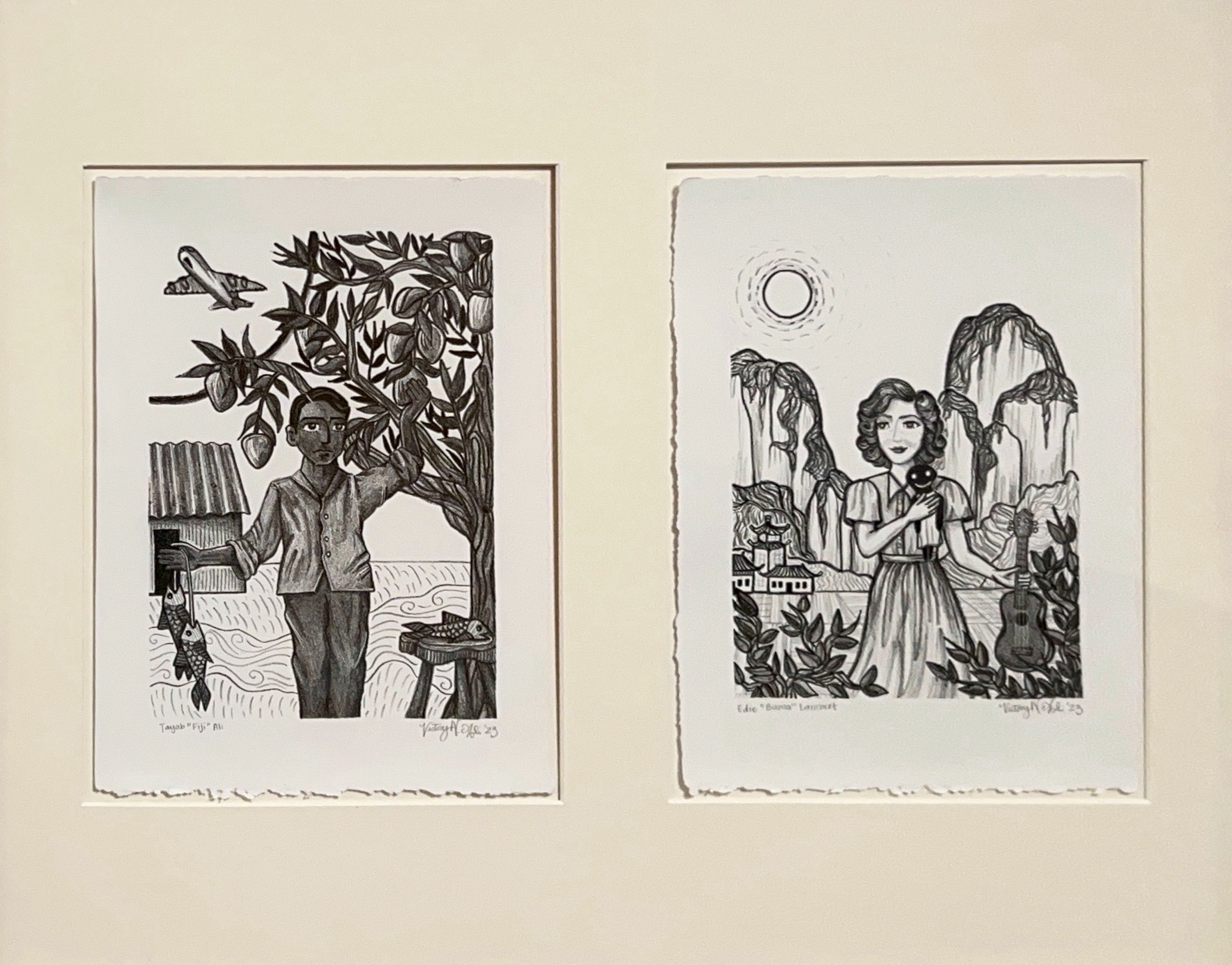 Black and white diptych print with a man posing by a tree in the left print and a woman posing in front of mountains in the right print.