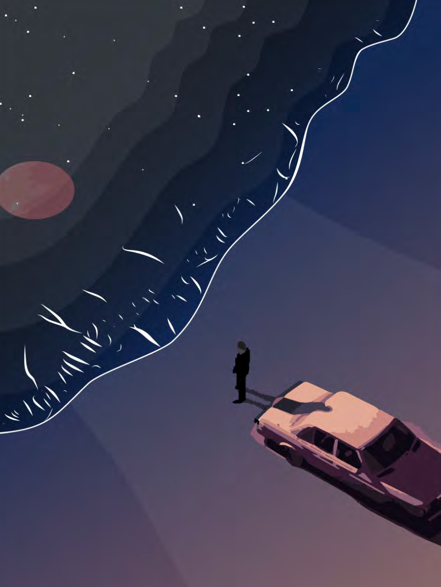 Birds-eye-view of a lone figure standing in front of an orange car, looking at an incoming ocean wave. Orange moon and stars are reflected in the surface of the water.