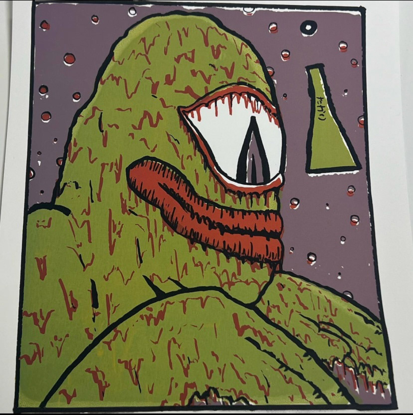 Green and red dripping monster with one eye over a purple background with red dots.