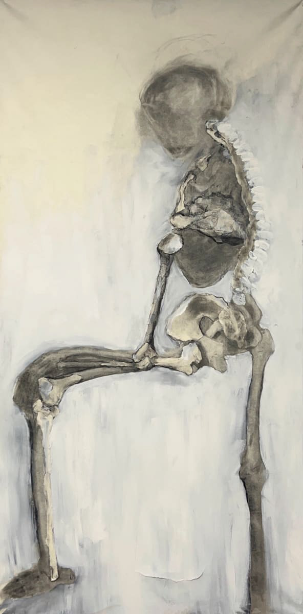 Gray and cream skeletal figure standing with a propped know over a white background.