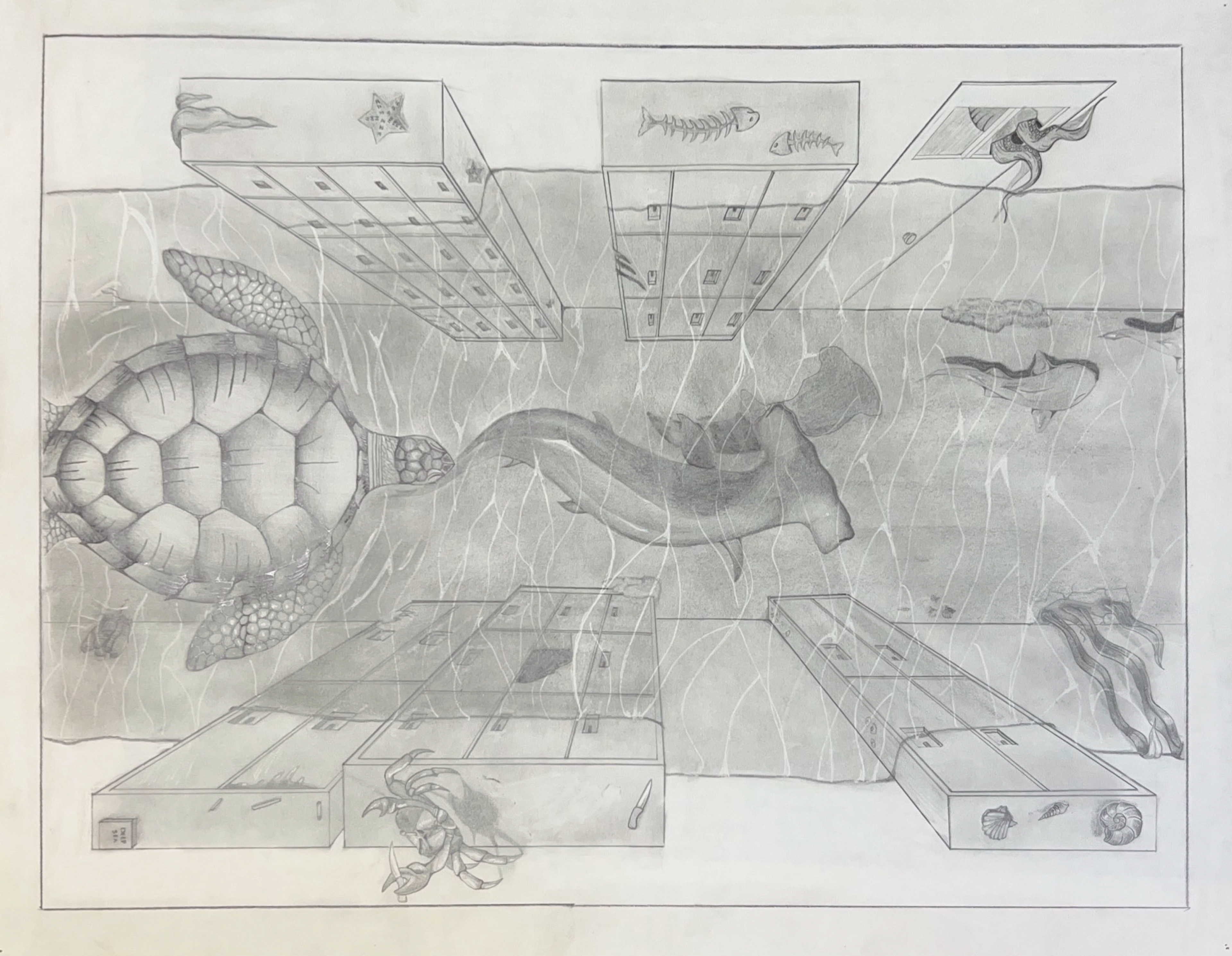Black and white overhead view of lockers in a school hallway filled with water and covered in sea creatures with a giant sea turtle and sharks swimming.