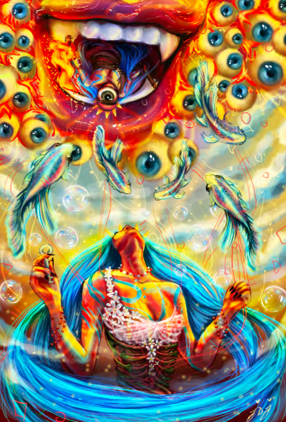 Female figure with blue hair and surrounded by blue swirling rings looks upwards toward floating fish, eyeballs, and a large open mouth at the top of the image.