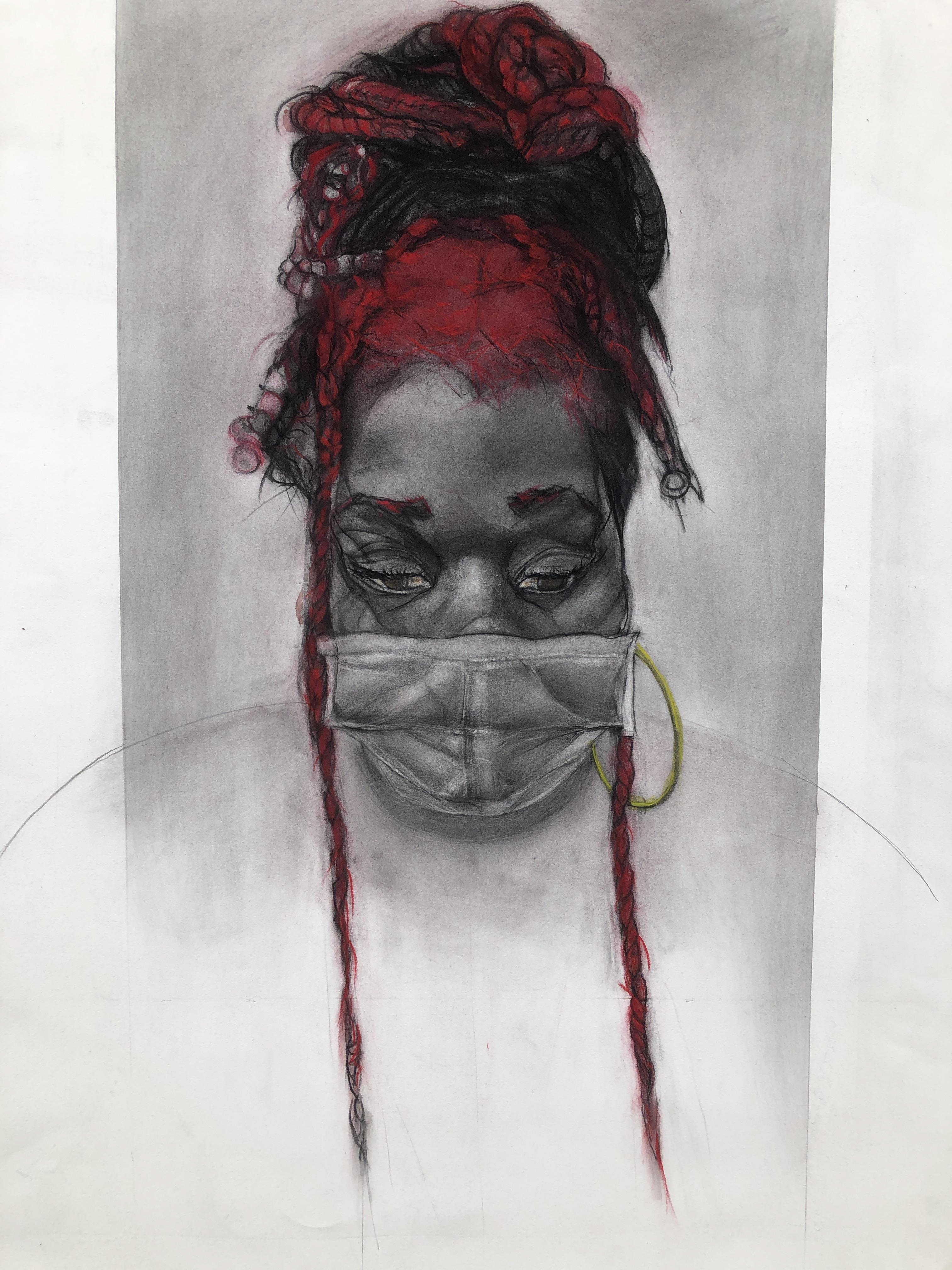 A drawing of a woman wearing a mask and hoop earrings, looking down. The drawing is black and white, except for the woman's hair which is red and the hoop earring which is yellow.