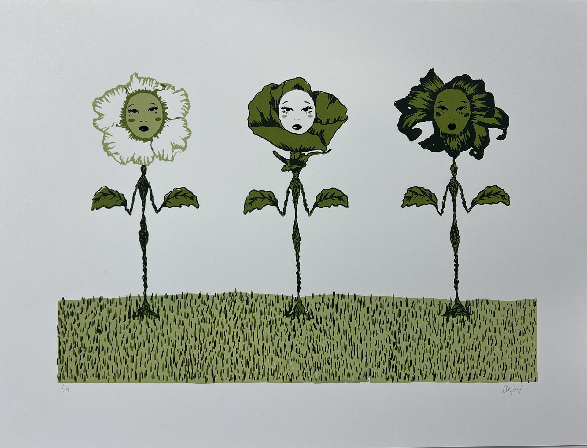 Three flowers growing from the grass in a row with human faces. The scene is colored in various shades of green and white.