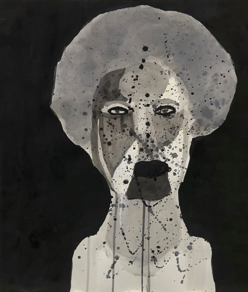 Abstract, gray monotone portrait of a person over a black background. The face is splattered with black ink.