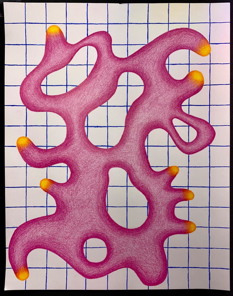 Drawing of a pink blob with yellow nubs positioned over a white background with blue gridlines