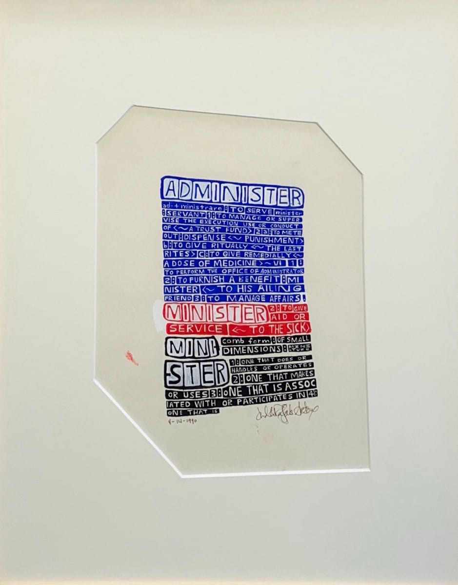 A blue, red, and black print of a block of text that has definitions for the words administer and minister
