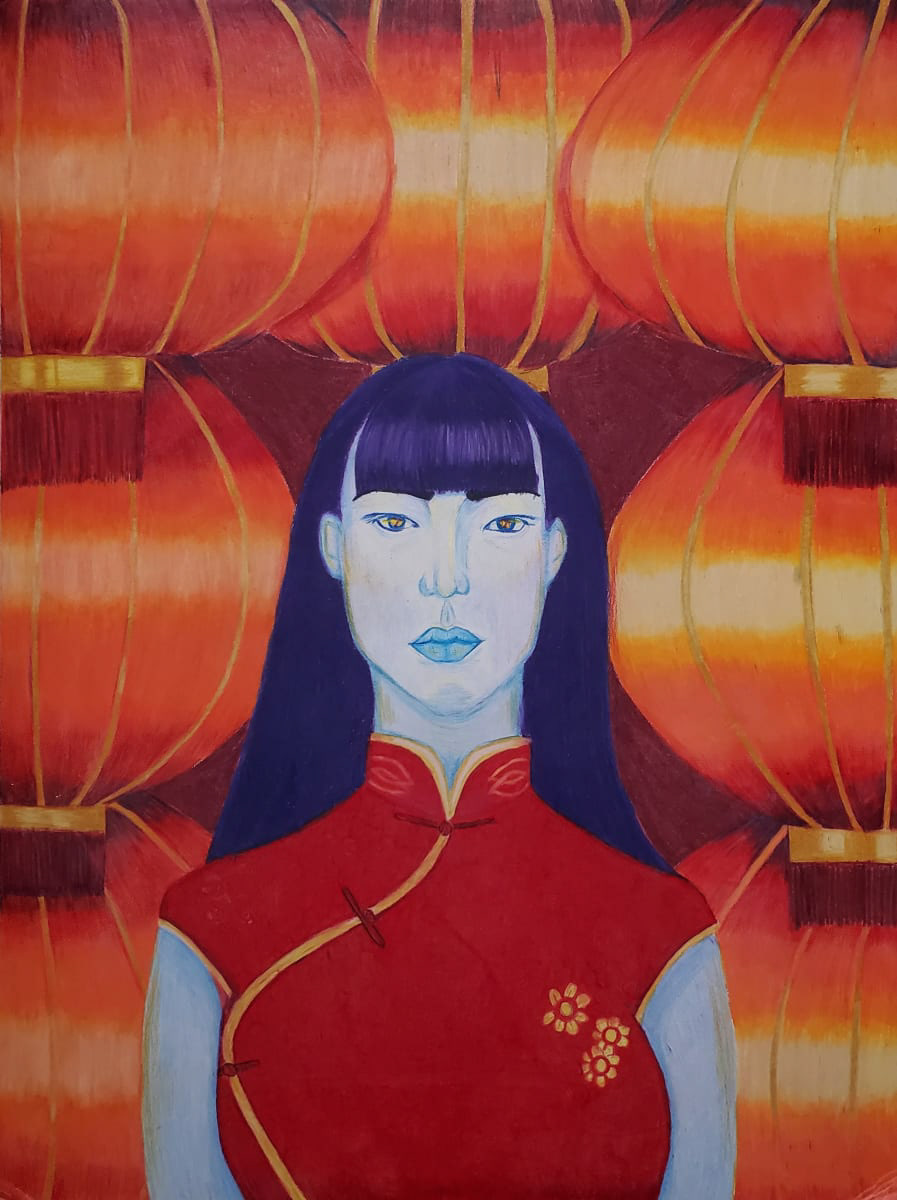 Colorful drawing of a woman standing in front of a background of lanterns