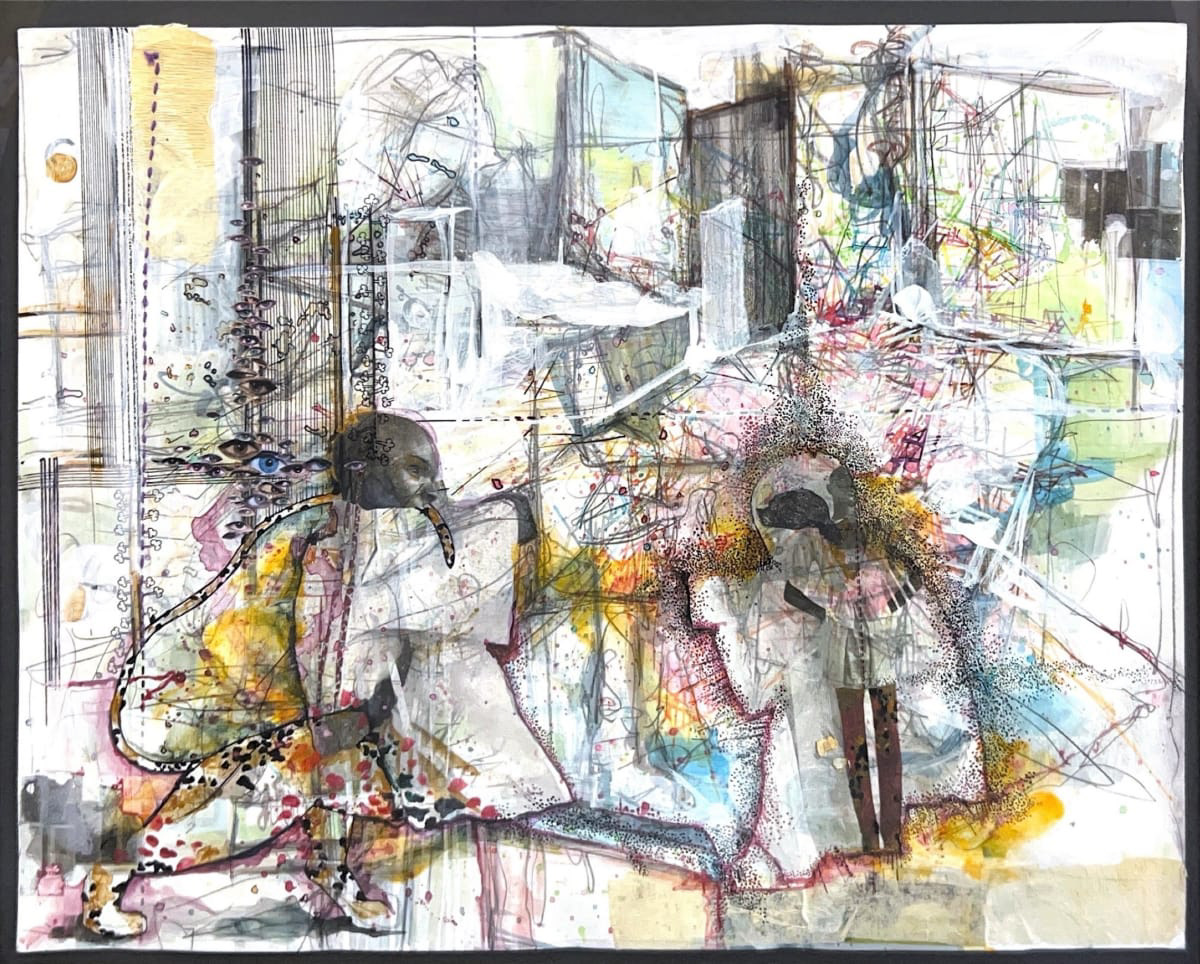 A colorful abstract collage showing people and industria-lookingl elements
