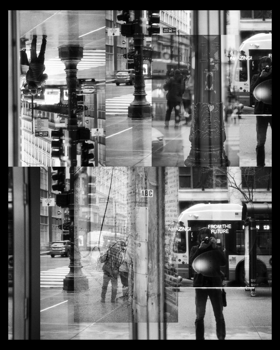 Black and white photo collage of a photographer, a bus and a lamppost