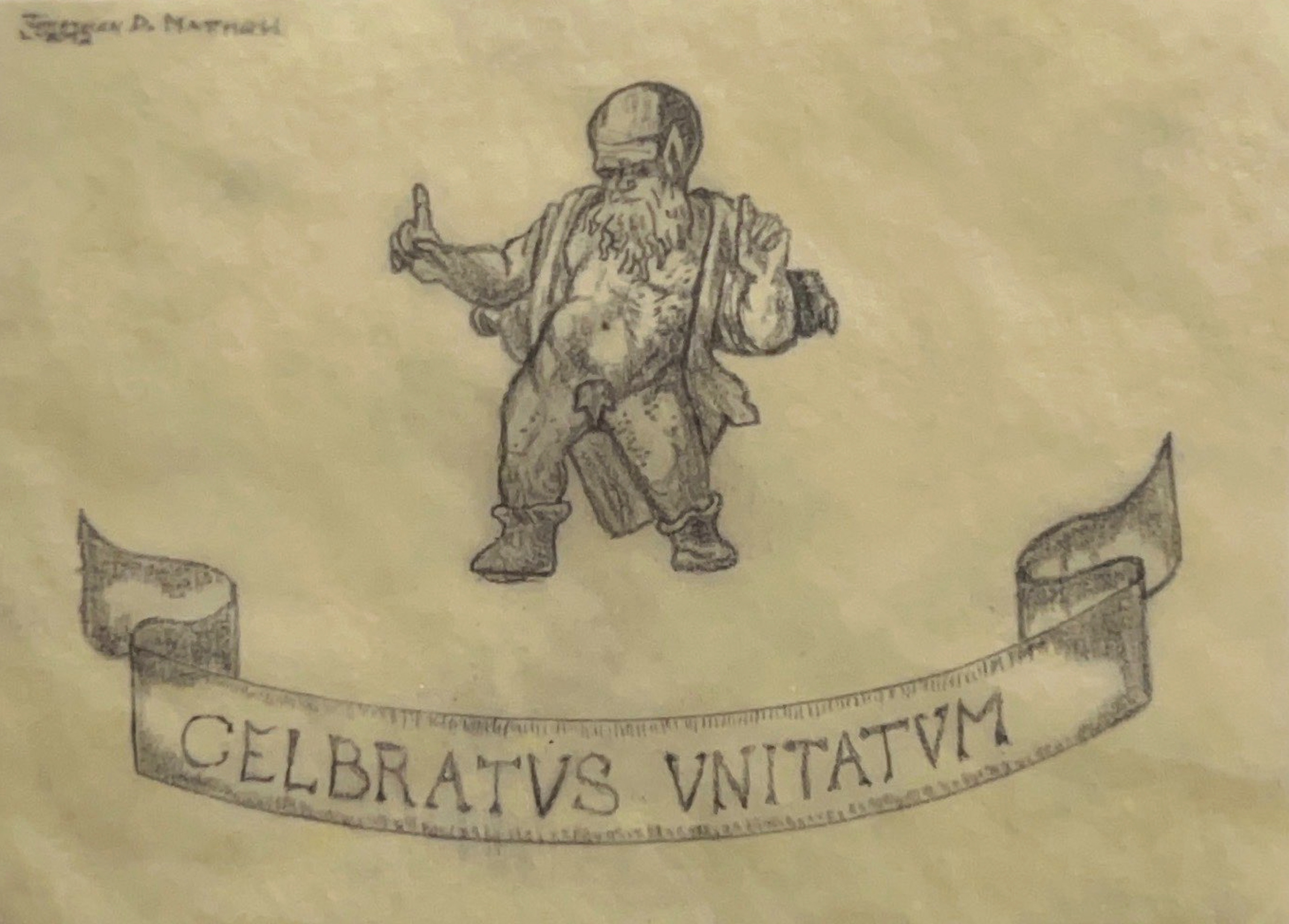 Drawing on transparency paper of a man with a banner below that reads "Celbratus Unitatum"