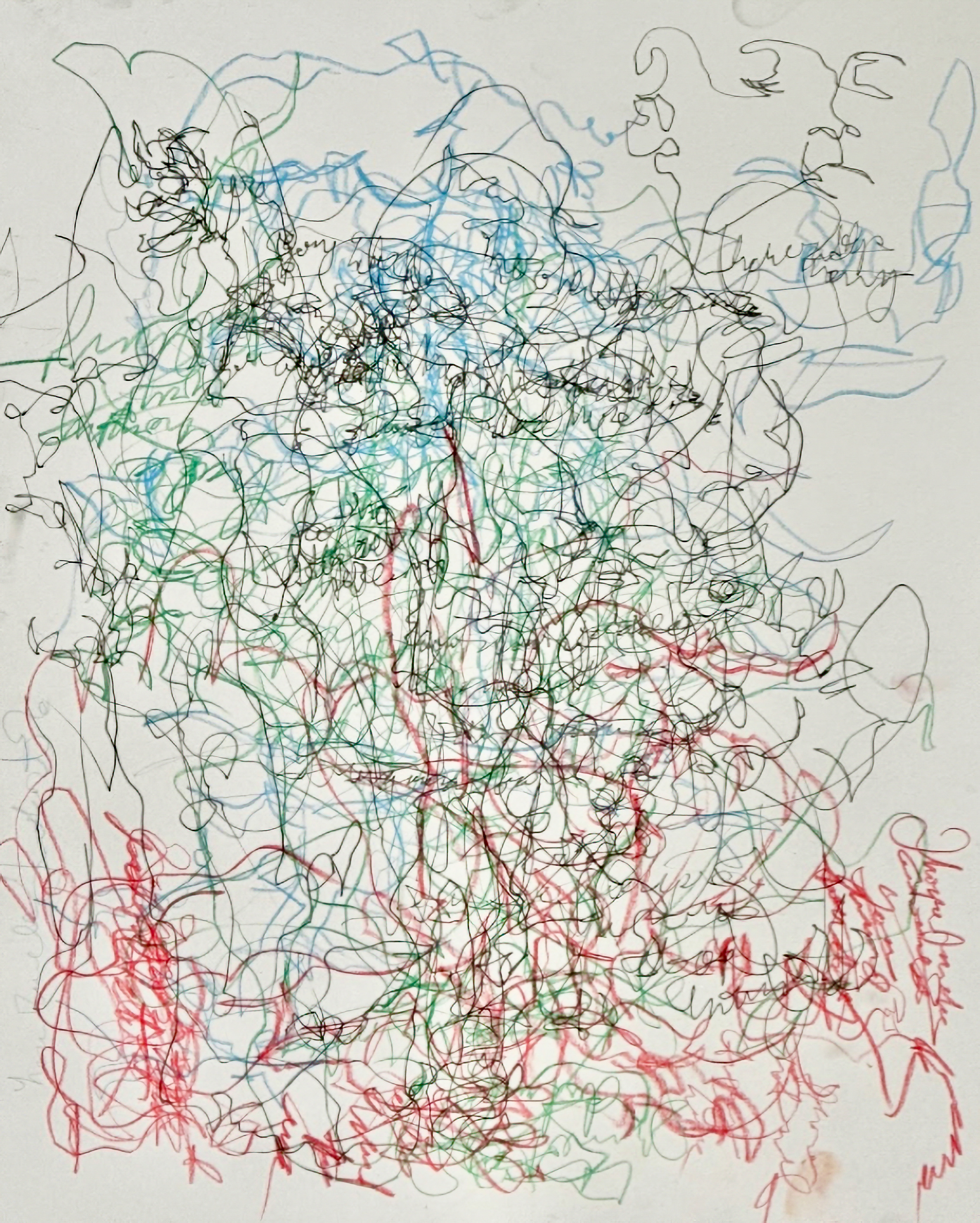 colorful scribbles stretching to the edge of the image over a white background. The scribbles are drawn in black, blue, green, and red colors.