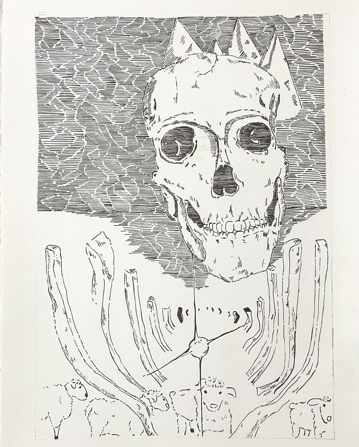 Black and white image of a skeleton with small sheep lining the bottom.